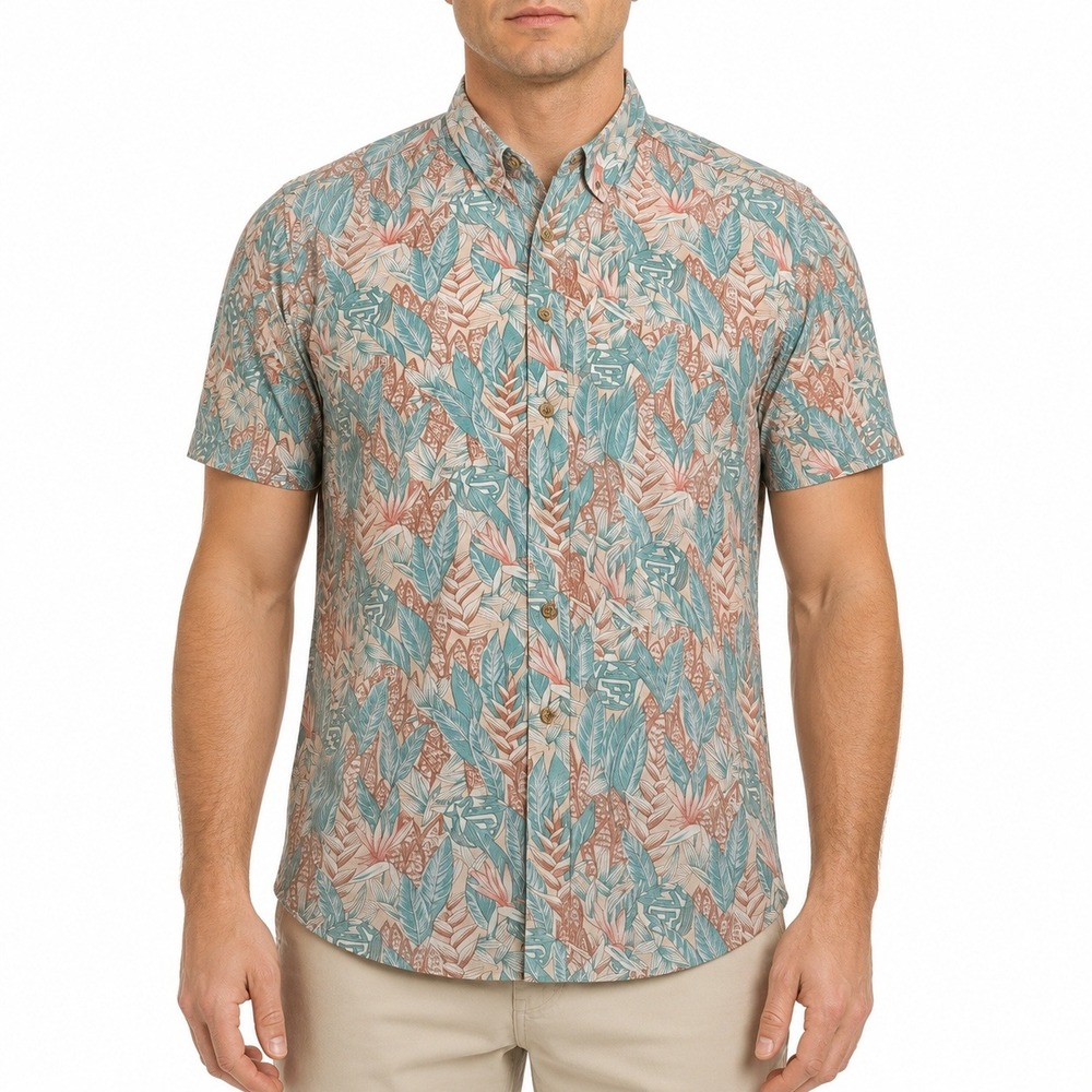 Cooke‎ Street Mens Large Cotton Tropical Floral Hawaiian Shirt Green Peach